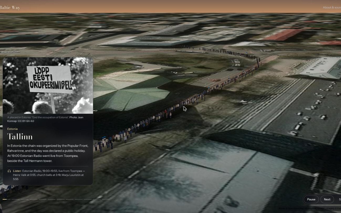 The Baltic Way: the human chain forming in Tallinn, with a 1989 photograph and the radio broadcast